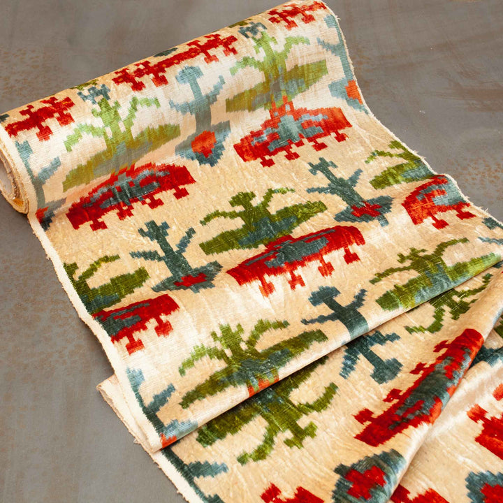 Kadan Handwoven Silk Velvet Ikat Fabric Redgreen