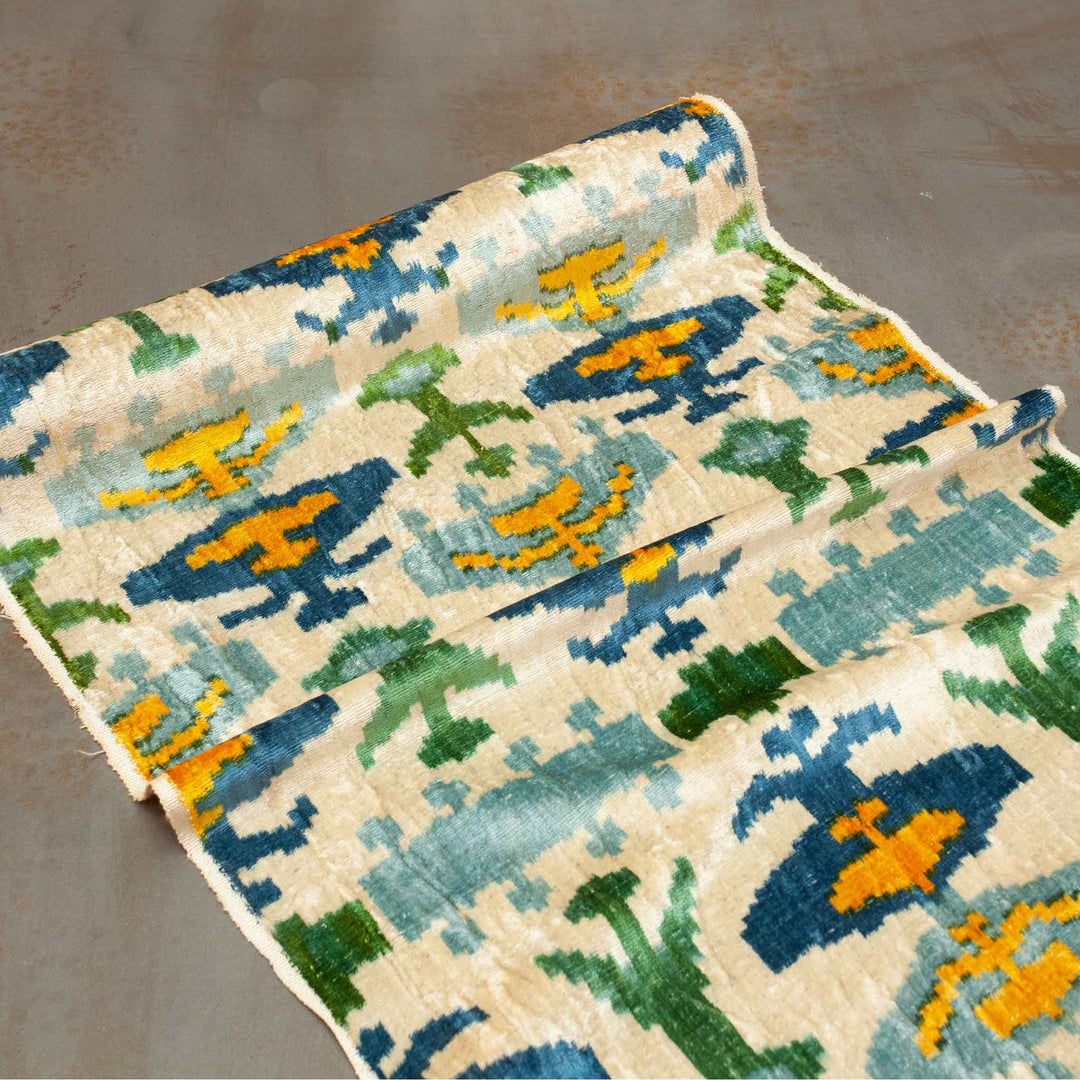 Kadan Handwoven Silk Velvet Ikat Fabric Bluegreen